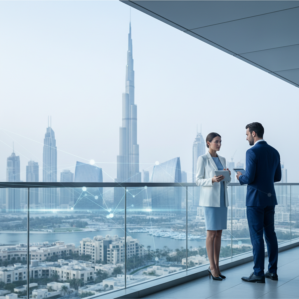 Business professionals overlooking Dubai skyline